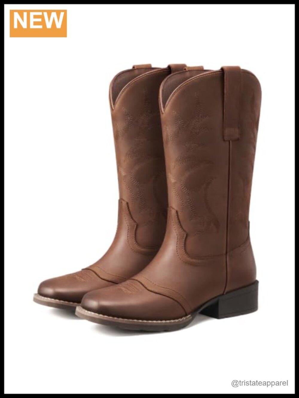 Genuine Leather Cowgirl Boots Square Toe Block Heel Mid Calf Western